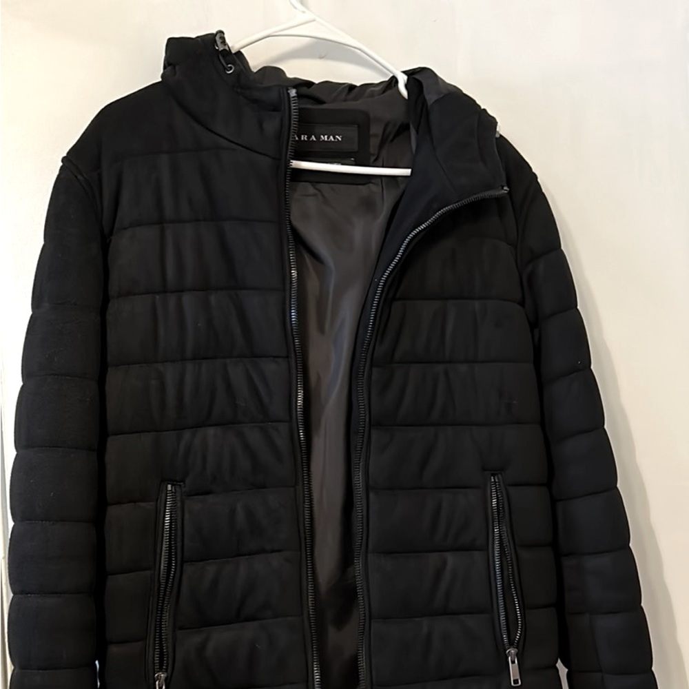 Hooded suede puffer jacket